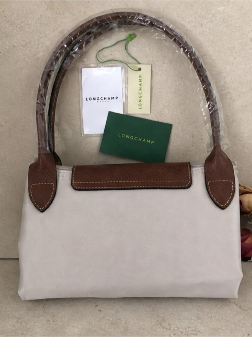 Longchamp Light Gray Tote with Brown Leather Trim - Picture 2 of 9